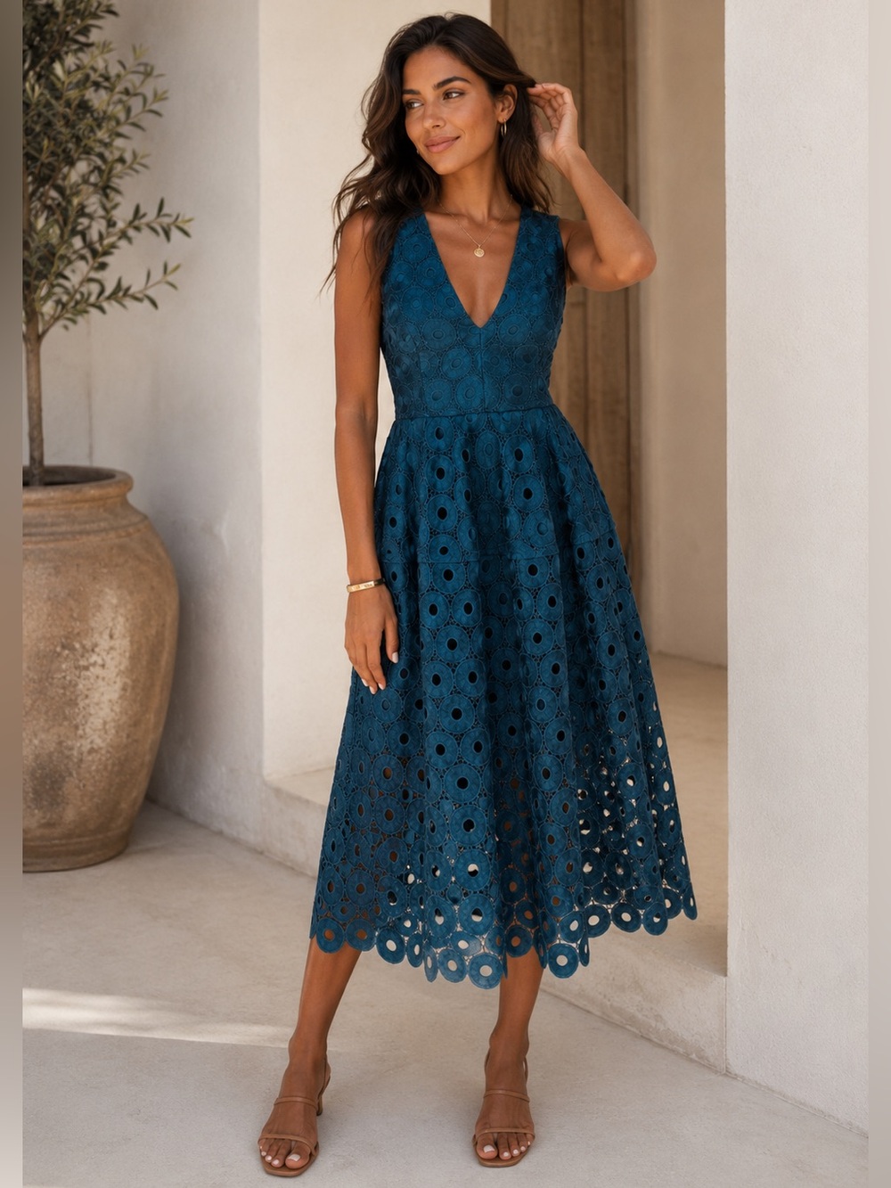 NWT NICHOLAS Geometric Eyelet Lace Overlay Teal Midi Dress With Pockets Size 12